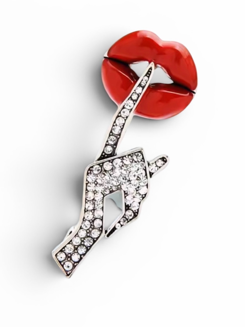 Red Lip & Crystal Hand Brooch - Designer Fashion Pin